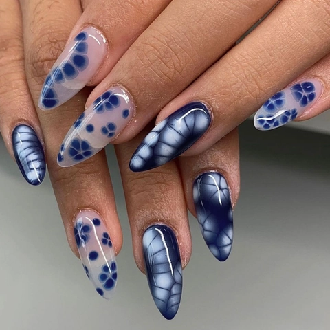 Uñas Postizas A Presión Con Diseño Floral De Mármol Azul Almendra Larga Brillante Juego Con Pegamento De Gelatina Y Lima