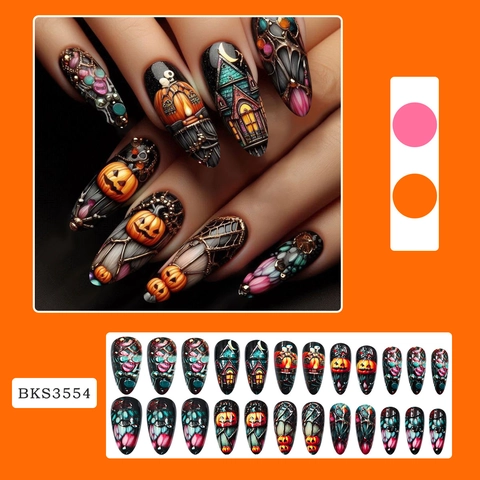Unghie Finte Halloween Long Stiletto Motivo Zucca Casa Stregata Ragnatela Decorazione Festiva Artificiale