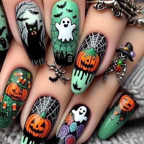 Halloween Press On Nails Lange Kistvorm Pompoen Geest Zwarte Kat Spinneweb Patroon Plastic Kunstnagels Voor Vrouwen Feest