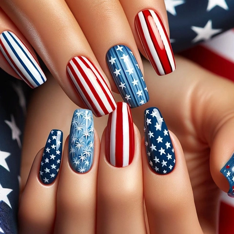 Künstliche Nägel Lange Sargform USA Unabhängigkeitstag Sterne Streifen Rot Weiß Blau ABS Kunststoff Falsche Nägel Damen