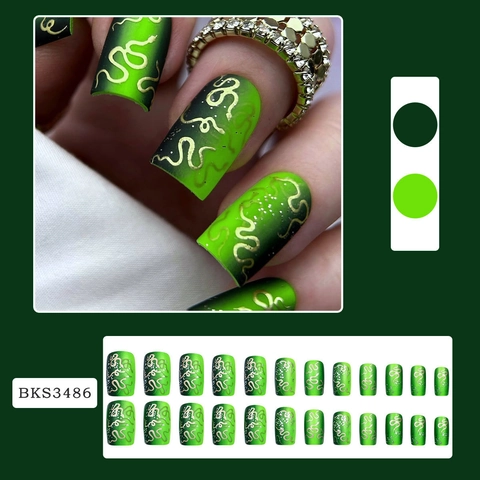 Green Gradient Press On Nails With Gold Snake Pattern Matte Coffin Artificial Nails For Women Luxury Gothic Style