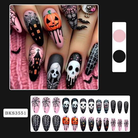 Unghie Finte Halloween Forma Mandorla Zucca Rosa Casa Stregata Teschio Ragnatela Materiale ABS Con Colla E Lima Per Unghie