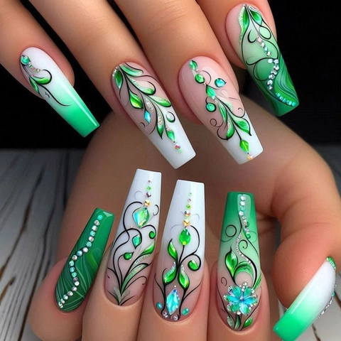 Faux Ongles Longs Cercueil Press On Nails Dégradé Feuilles Vertes Avec Fleurs 3D Et Strass Manucure