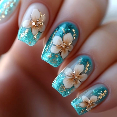 Press On Nails 3D White Flower Gold Foil Gradient Blue Glossy Square Medium False Nails With Jelly Glue And Nail File