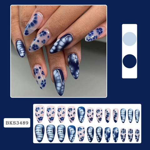 Uñas Postizas A Presión Con Diseño Floral De Mármol Azul Almendra Larga Brillante Juego Con Pegamento De Gelatina Y Lima