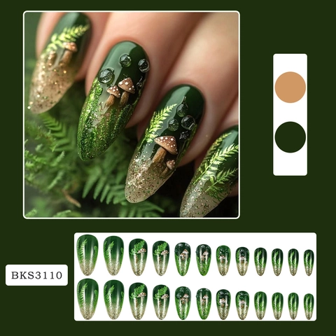 Unghie Finte Press On Funghi Foresta Verde Mandorla Lunga Con Glitter Oro Felce E Gocce D'acqua 3D Resina ABS
