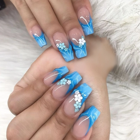 Blue French Tip Press On Nails 3D Flower Artificial Pearl Mid Length Ballerina Coffin Resin False Nails With Jelly Glue And File