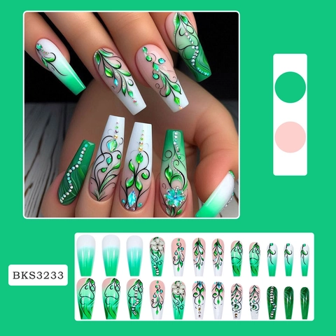 Faux Ongles Longs Cercueil Press On Nails Dégradé Feuilles Vertes Avec Fleurs 3D Et Strass Manucure