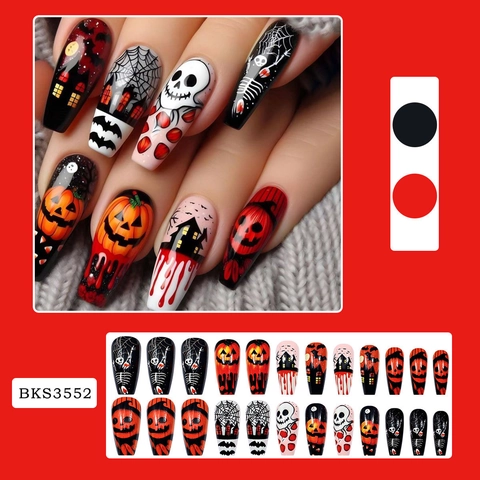 Unghie Finte Halloween Coffin Lunghe Zucca Fantasma Teschio Goccia Di Sangue Dark Gothic Manicure Con Colla E Lima