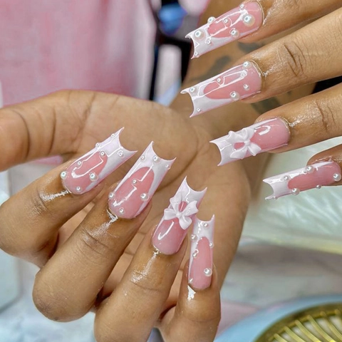 French Press On Nails Rosa Weiße Spitze Mit 3D Schleife Und Künstliche Perlen Dekoration Quadratische Form Künstliche Nägel Damen