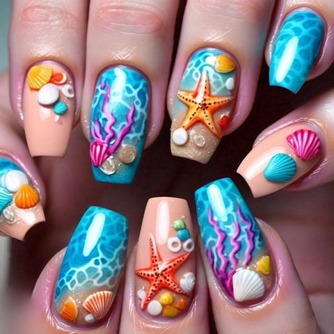 Unghie A Pressione Tema Oceano 3D Balletto Lungo Unghie Finte Artificiali Stella Marina Conchiglia Corallo Con Colla Gel