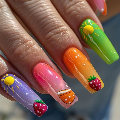 Press On Nails Lang Sargform Künstliche Nägel Farbverlauf Handbemalte Erdbeere Sonne Muster Glänzend Falsche Nägel Für Frauen Sommer