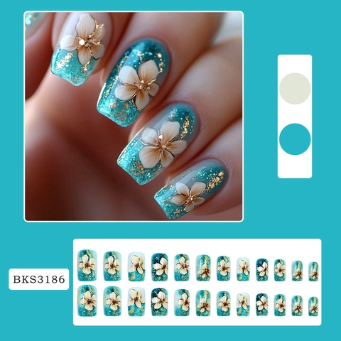 Press On Nails 3D White Flower Gold Foil Gradient Blue Glossy Square Medium False Nails With Jelly Glue And Nail File