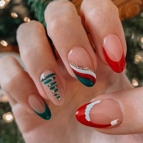 Kerst Press On Nagels Amandelvorm Hars Plastic Medium Rood Groen Kerstboom Hoed Patronen Feestelijk Voor Vrouwen