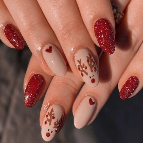 Kerst Plaknagels Rode Glitters Rendier Hart Amandelvorm Kunstnagels Vrouwen Vakantie Feest Manicure Decoratie