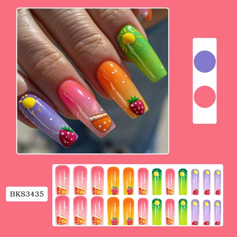 Press On Nails Lang Sargform Künstliche Nägel Farbverlauf Handbemalte Erdbeere Sonne Muster Glänzend Falsche Nägel Für Frauen Sommer