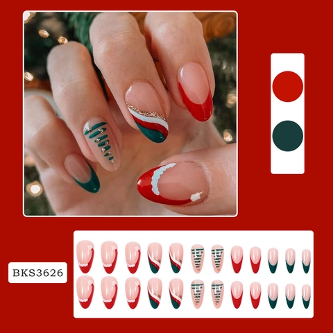 Kerst Press On Nagels Amandelvorm Hars Plastic Medium Rood Groen Kerstboom Hoed Patronen Feestelijk Voor Vrouwen