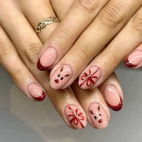 Christmas Press On Nails Reindeer Pattern Red Glitter French Tip Almond Shape Acrylic False Nails For Holiday Decor