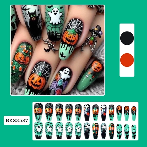 Halloween Press On Nails Lange Kistvorm Pompoen Geest Zwarte Kat Spinneweb Patroon Plastic Kunstnagels Voor Vrouwen Feest