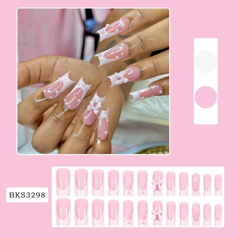French Press On Nails Rosa Weiße Spitze Mit 3D Schleife Und Künstliche Perlen Dekoration Quadratische Form Künstliche Nägel Damen