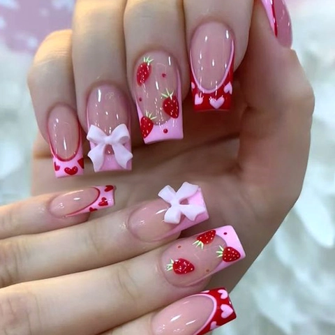 Pink Red Strawberry Bow French Press On Nails Heart Print Sweet Square False Nails