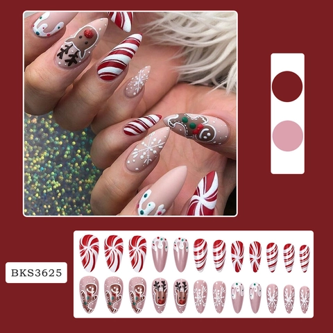 Weihnachtsaufpressnägel Lebkuchenmann Rentier Karo Schneeflocke Lange Stiletto Glänzend Falsche Nägel Für Frauen