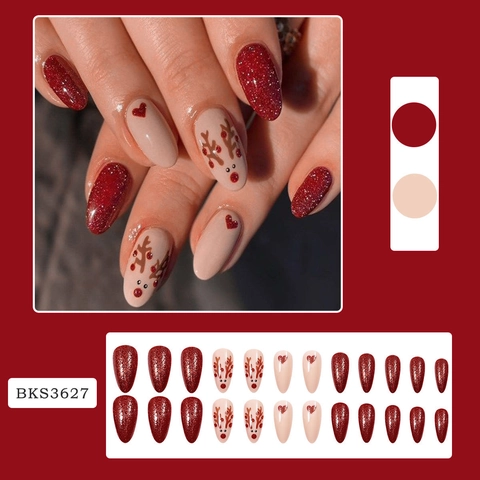 Kerst Plaknagels Rode Glitters Rendier Hart Amandelvorm Kunstnagels Vrouwen Vakantie Feest Manicure Decoratie
