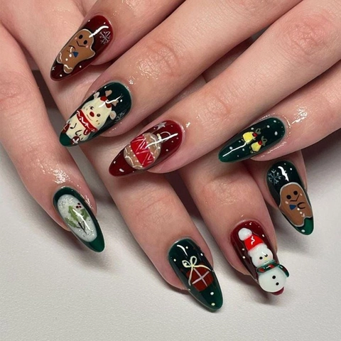 Unghie Finte Di Natale ABS Acrilico Lucido Forma A Mandorla Pupazzo Di Neve Renna Omino Di Pan Di Zenzero Manicure Festiva
