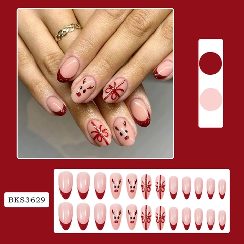 Christmas Press On Nails Reindeer Pattern Red Glitter French Tip Almond Shape Acrylic False Nails For Holiday Decor