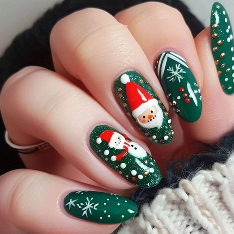 Unghie Finte Di Natale Verde Babbo Natale Pupazzo Di Neve Forma Mandorla Lunghezza Media Manicure Festiva Per Donne