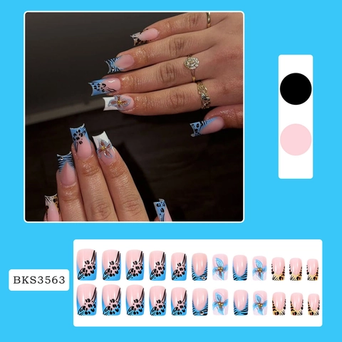 Blue Leopard Print French Press On Nails Long Trapezoid With Blue Flowers Rhinestones Fashion Manicure For Women