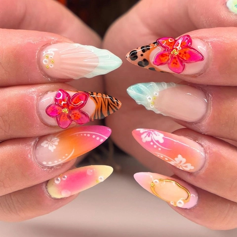3D Blumen Französische Künstliche Nägel Mandel Stiletto Leopard Tiger Print Maniküre Mit Künstliche Perlen Farbverlauf Für Frauen