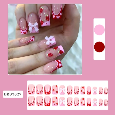 Pink Red Strawberry Bow French Press On Nails Heart Print Sweet Square False Nails