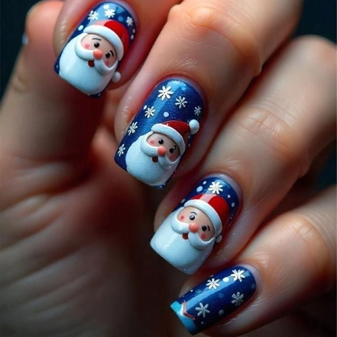 Christmas Press On Nails Blue Snowflake Santa Claus Glossy Full Cover Square False Nails With Jelly Glue And Nail File