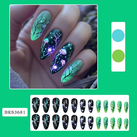 Uñas Postizas A Presión Luminosas De Champiñones Verdes Almendras Largas Patrón Bosque Brillan Oscuridad