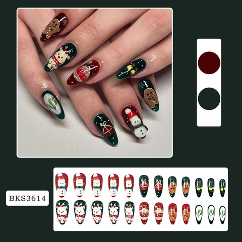 Unghie Finte Di Natale ABS Acrilico Lucido Forma A Mandorla Pupazzo Di Neve Renna Omino Di Pan Di Zenzero Manicure Festiva