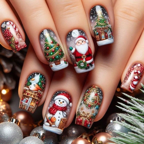 Christmas Press On Nails Santa Claus Tree Snowman Square Artificial False Nails For Women Holiday Festive