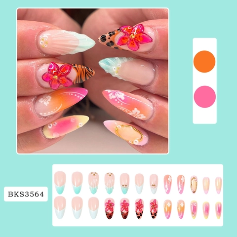 3D Blumen Französische Künstliche Nägel Mandel Stiletto Leopard Tiger Print Maniküre Mit Künstliche Perlen Farbverlauf Für Frauen