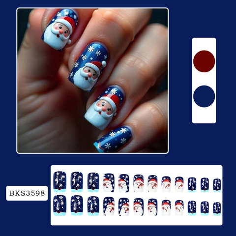 Christmas Press On Nails Blue Snowflake Santa Claus Glossy Full Cover Square False Nails With Jelly Glue And Nail File