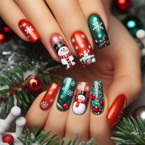 Christmas Press On Nails Red Glitter Snowman Medium Square Fake Nails Snowflake Design Holiday Party For Women