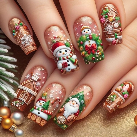 Weihnachten Press On Nails 3D Relief Weihnachtsmann Schneemann Baum Glitzer Lange Sarg Falsche Nägel Für Party Frauen