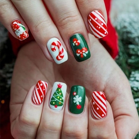 Christmas Press On Nails Red Green White Square Fake Nails Santa Tree Snowflake Designs With Jelly Glue And Nail File