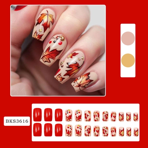 Uñas Postizas A Presión Con Hoja De Arce De Otoño Con Diamantes De Imitación Y Pegamento De Gelatina Rojas