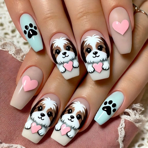 Uñas Postizas Coffin De Perro De Dibujos Animados Lindas Corazón 3D Rosa Verde Menta Estilo Ins