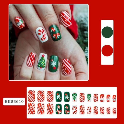 Christmas Press On Nails Red Green White Square Fake Nails Santa Tree Snowflake Designs With Jelly Glue And Nail File