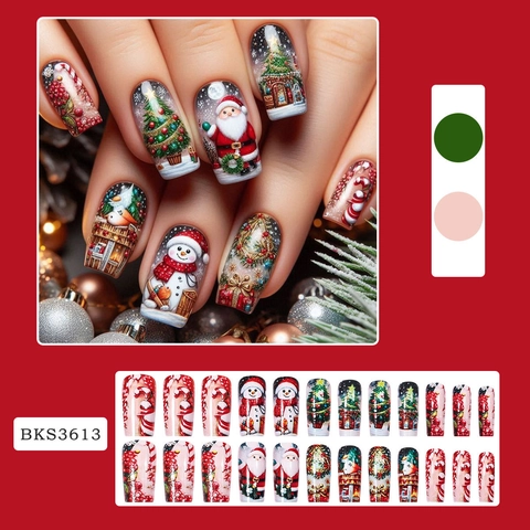 Christmas Press On Nails Santa Claus Tree Snowman Square Artificial False Nails For Women Holiday Festive