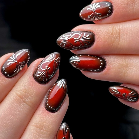 Press On Nails Mandelform Ombre Dunkelrot Schwarz Silber Herz Glitzer Wiederverwendbare Künstliche Falsche Nägel Für Damen