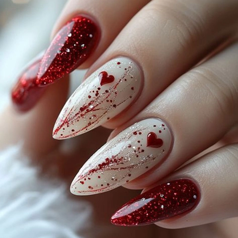 Faux Ongles Amande À Presser Avec Motif Cœur Rouge Scintillant Style Français Avec Colle Gelée Et Lime À Ongles