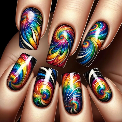 Uñas Postizas A Presión Con Remolino De Arco Iris Patrón De Mármol Colorido Cuadradas Largas Con Pegamento Y Lima
