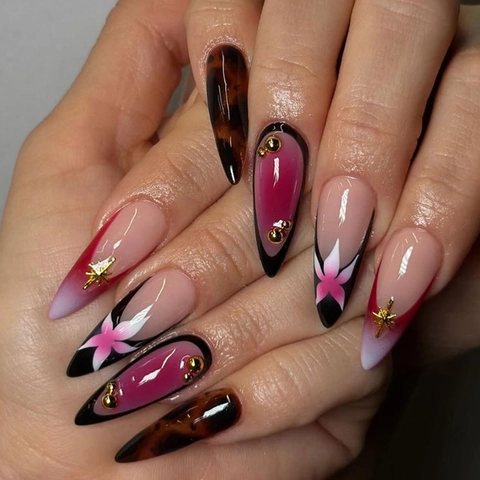 Press On Nagels Frans Zwart Roze Verloop Bloemenpatroon Schildpad Lange Amandelvorm Kunstnagels Luxe